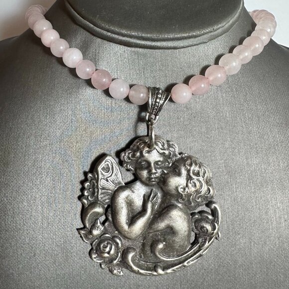 Cherub Rose Quartz Pendant Necklace Handmade Silver Repoussé Art Nouveau Gift - Picture 2 of 9